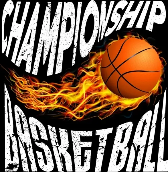 basketball championship banner ball fire icon texts decor