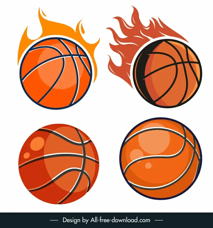 basketball design elements flaming balls flat vector design