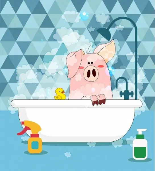 bathing pig background stylized icon cartoon design