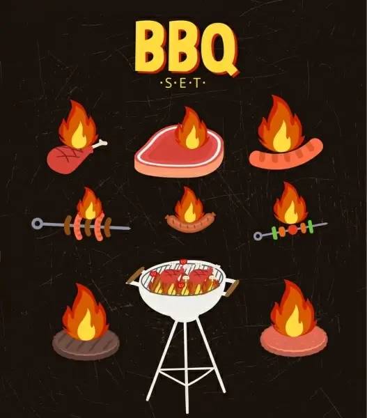 bbq cuisines sets fire food icons decoration