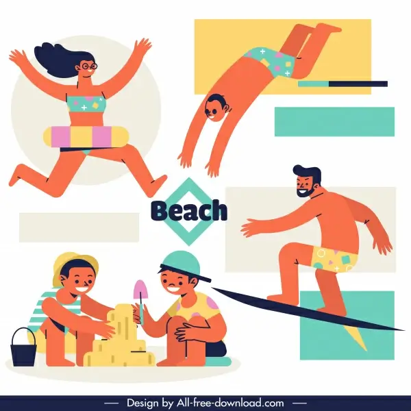 beach activities icons joyful people sketch cartoon characters