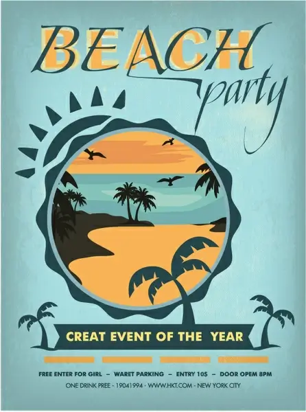 beach party poster design with circles and trees