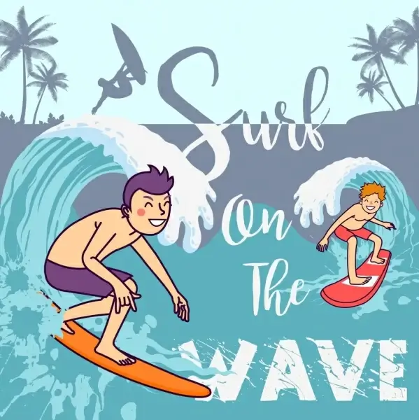 beach summer banner surfer icons colored cartoon