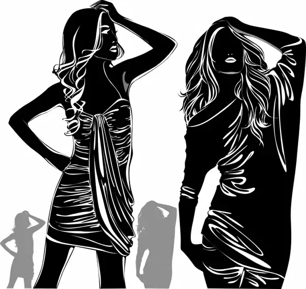 fashion girl icons black white silhouette design