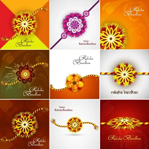 beautiful raksha bandhan celebration presentation card set collection colorful background vector