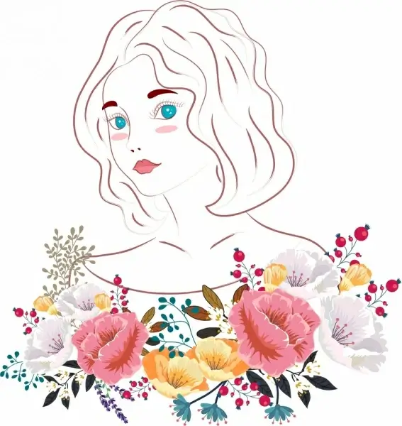 beautiful woman painting colorful flowers decor handdrawn outline