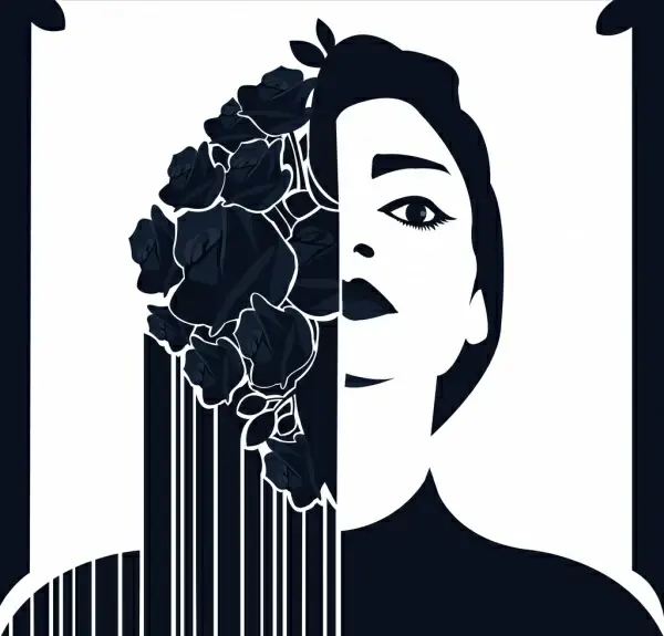 beauty background woman face flowers icons dark design