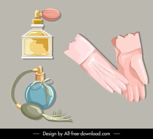 beauty care icons perfume gloves sketch retro design
