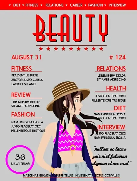 beauty magazine cover vector design with fashionable lady