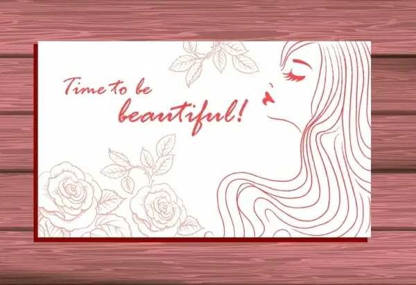 beauty salon card cover beautiful woman rose sketch