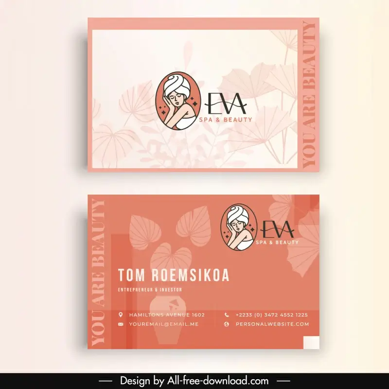 beauty spa agency business card templates flat classical handdrawn woman leaves 
