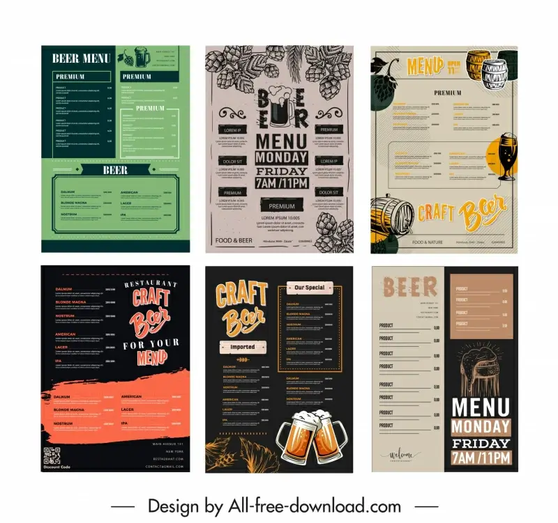 beer menu design templates collection flat dark classical 
