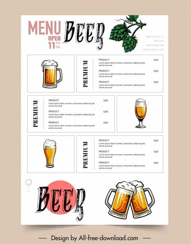 beer menu template flat classical glass hop
