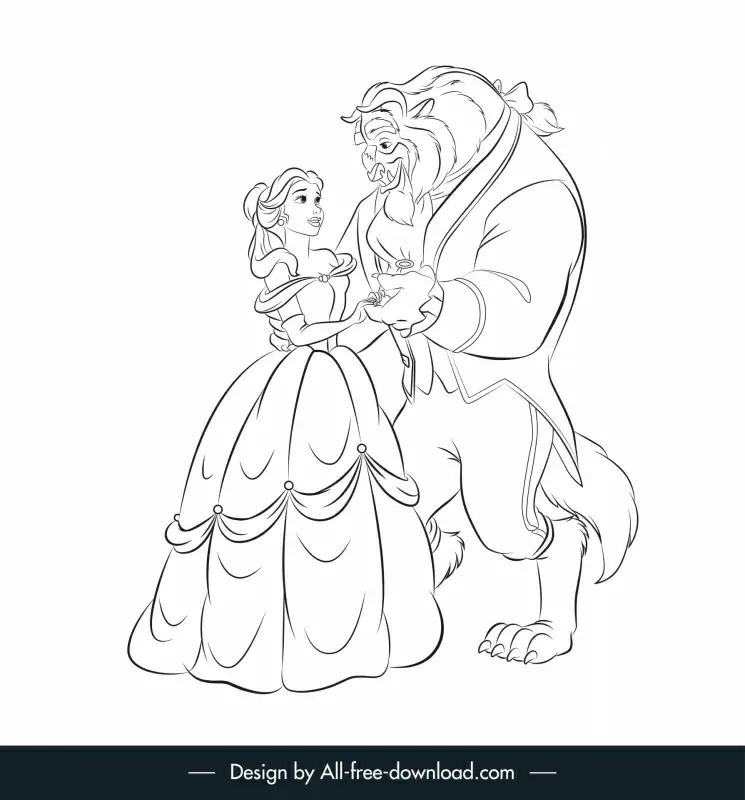 Belle beauty and the beast cartoon characters icon black white handdrawn  outline Vectors graphic art designs in editable .ai .eps .svg .cdr format  free and easy download unlimit id:6923813