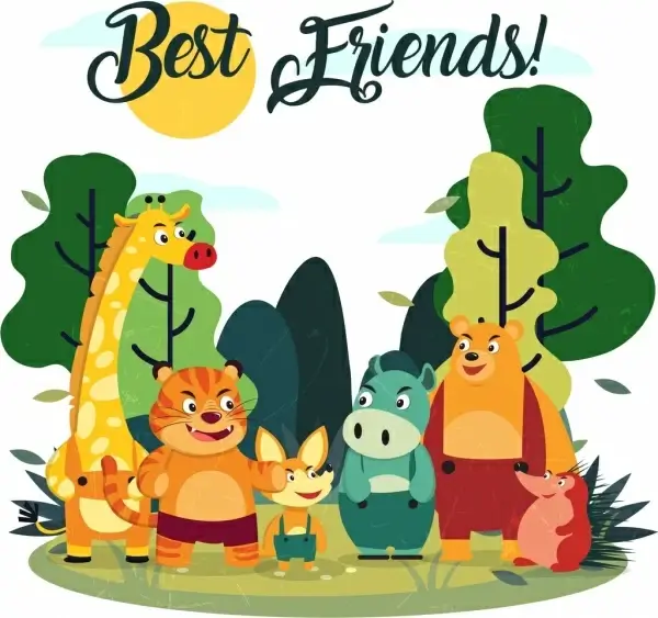 best friends banner cute stylized animals icons