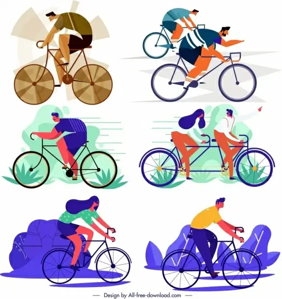 bicycle riding activities icons cartoon sketch