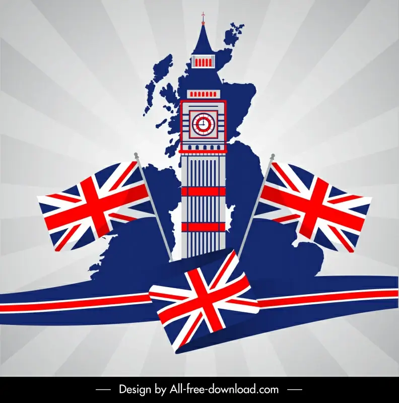 big ben tower and flag england backdrop template modern dynamic flat design