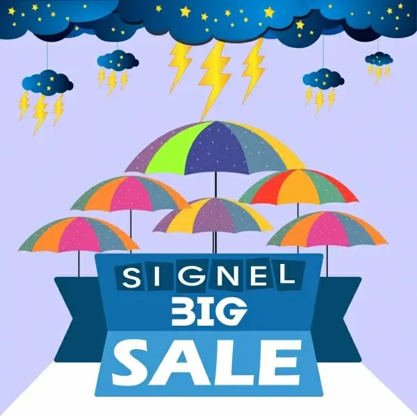big sale banner cloud thunderbolt umbrella icons decoration