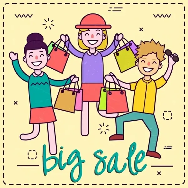 big sale banner shoppers icons colored cartoon design