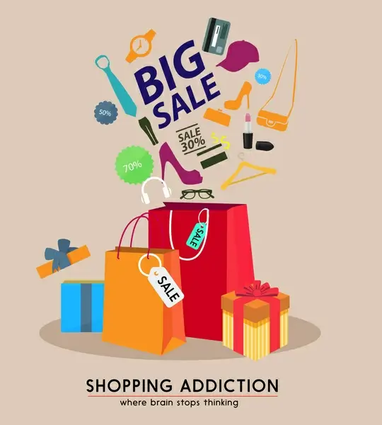 big sale poster design with bags and goods