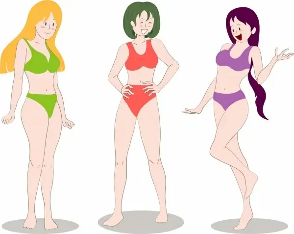 bikini girls icons colored cartoon characters