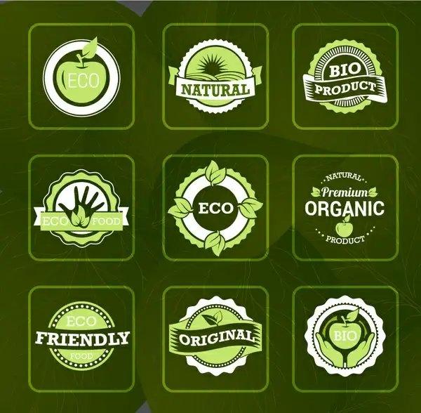 bio labels sets illustration on vignette green background