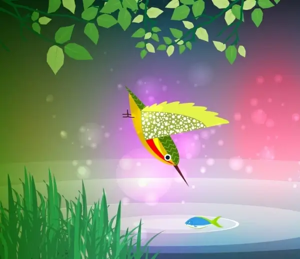 bird hunting fish theme colored decoration bokeh background