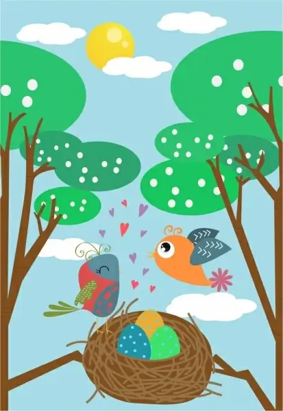 bird nest background eggs icons colored cartoon decor