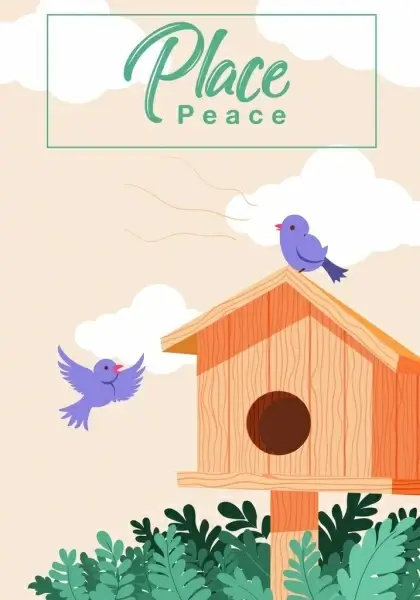 bird nest background wooden cottage icons cartoon design
