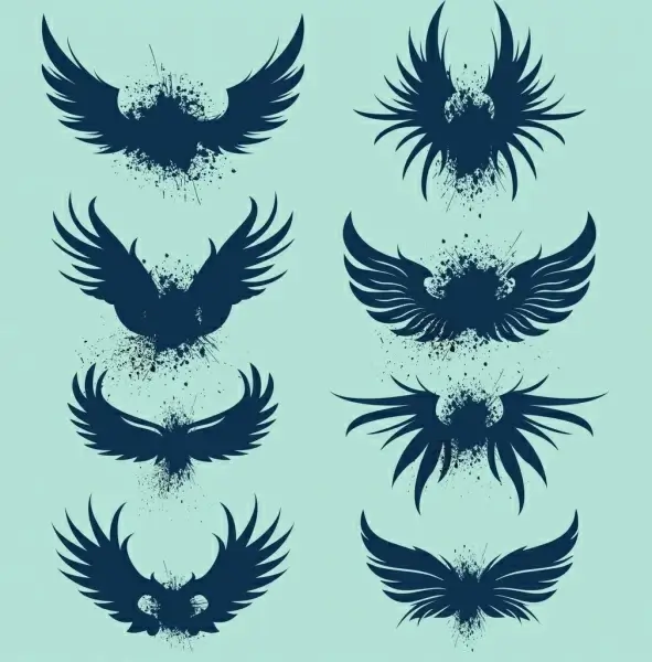 bird wings icons collection grunge silhouette design