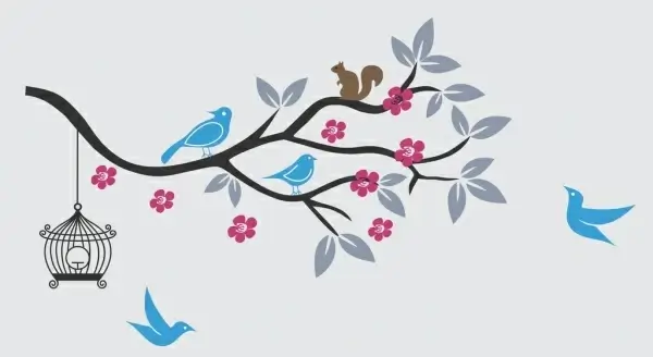 birds and squirrel on a flowers tree branch