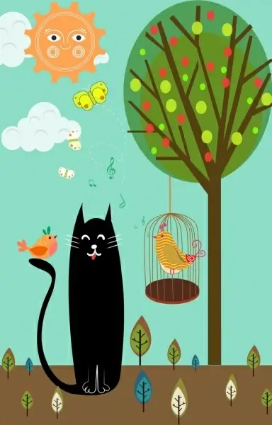 birds cat background multicolored cartoon decoration