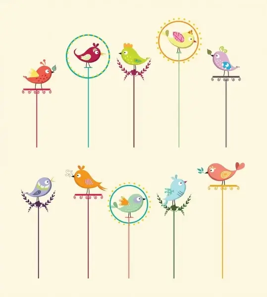 birds perching on pole collection with cartoon style