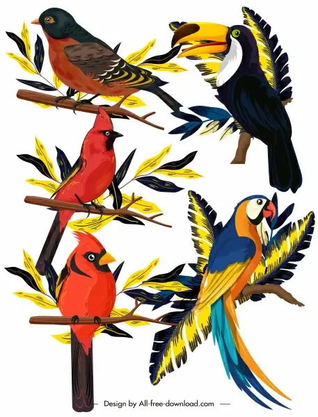 birds species icons perching sketch colorful classic design