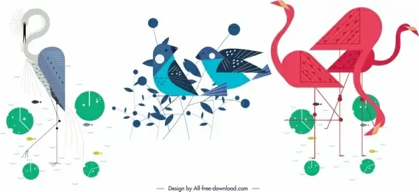 birds species icons stork sparrow flamingo symbols