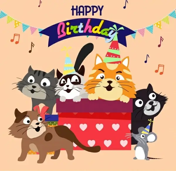 birthday banner cute cats icons multicolored cartoon