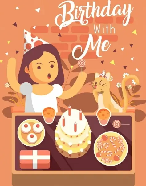 birthday banner girl cat cakes icons cartoon decor