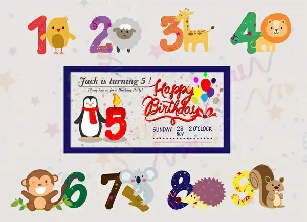 birthday banner vector with cute animals and numbers