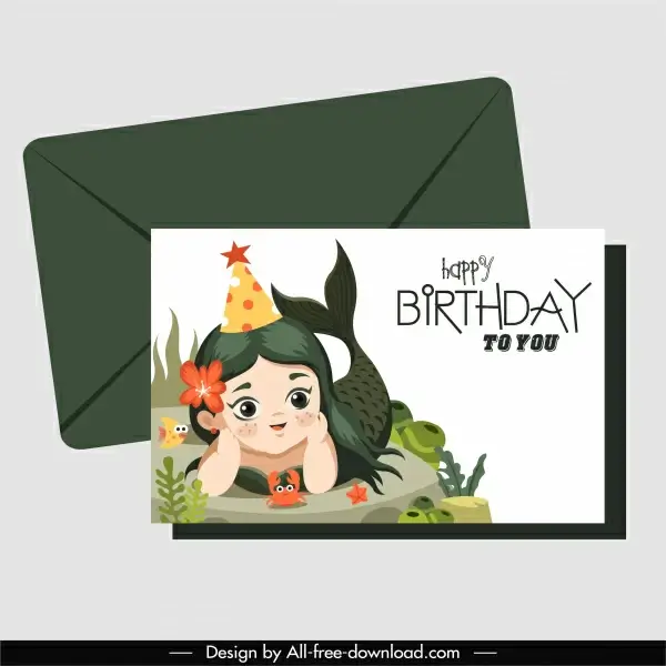 birthday card template baby mermaid sketch cartoon design
