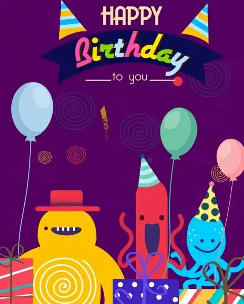 birthday card template cute stylized cartoon characters