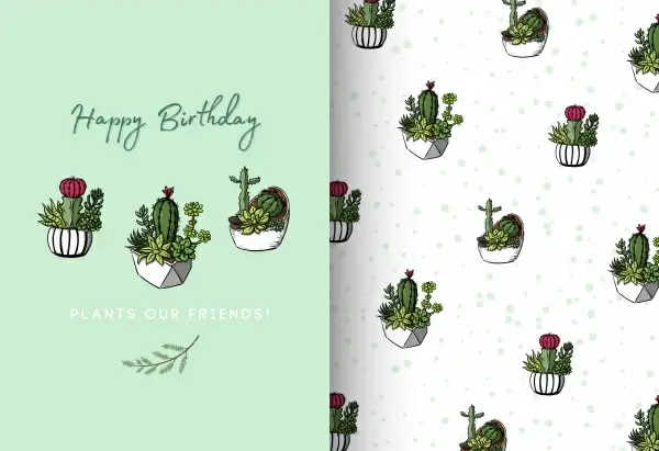 birthday card template repeating cactus pots decor