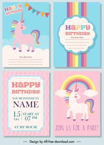 birthday card templates cute colorful unicorn rainbow decor