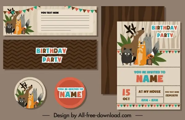 birthday card templates cute wild animals cartoon design