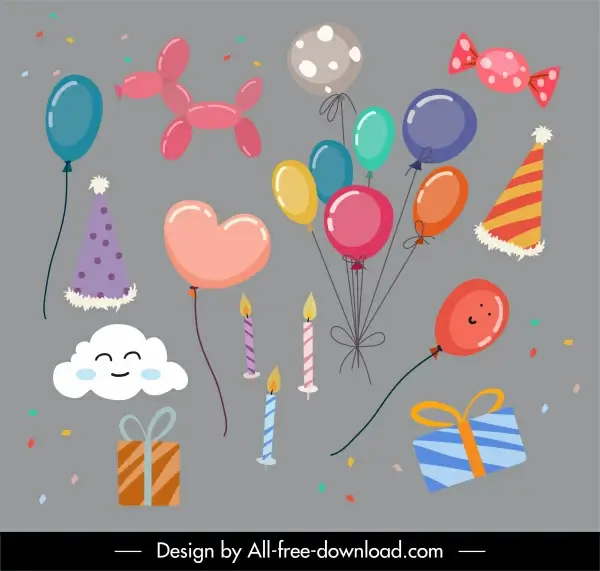 birthday decor elements balloon present cloud candle sketch