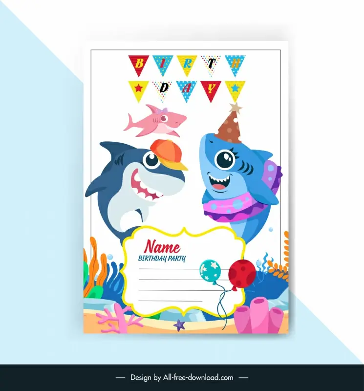 birthday invitations card template cute stylized sharks balloon ribbon sketch cartoon design