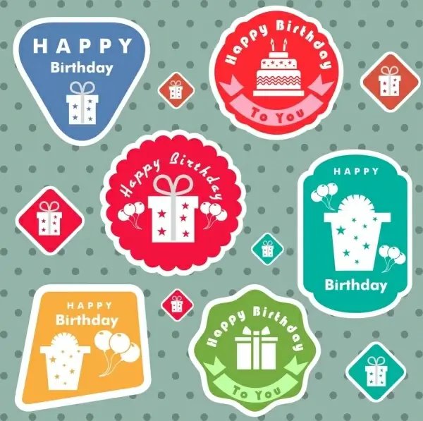 birthday stickers collection various colored flat shapes isolation