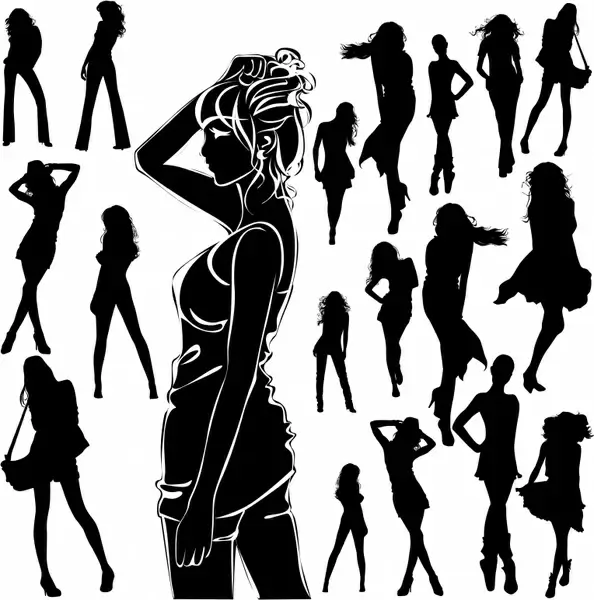 modern girls icons black silhouettes sketch
