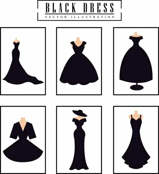 black dresses design collection various flat isolation
