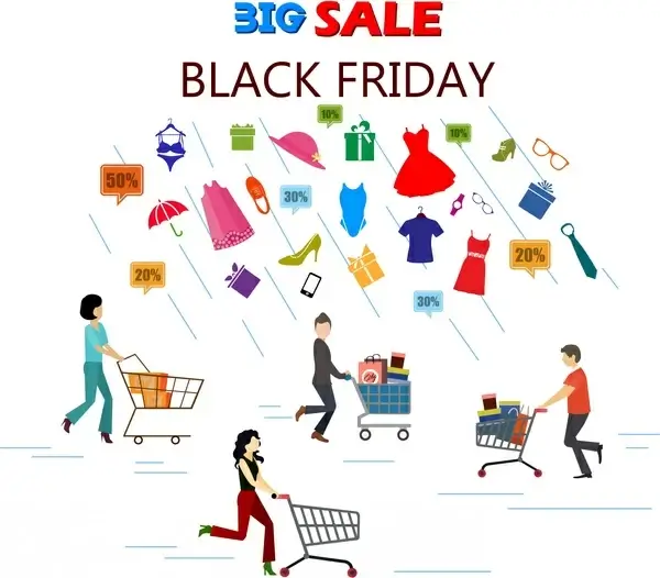 black friday sale banner elements people pushing carts