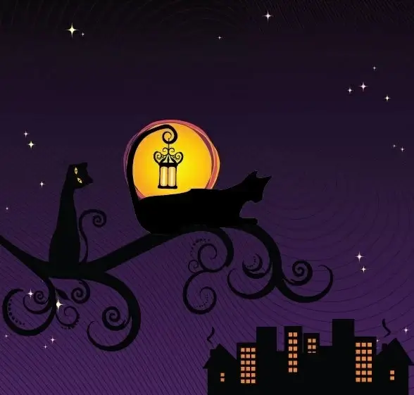 Black Silhouette of Cat at Night Vector Illustration